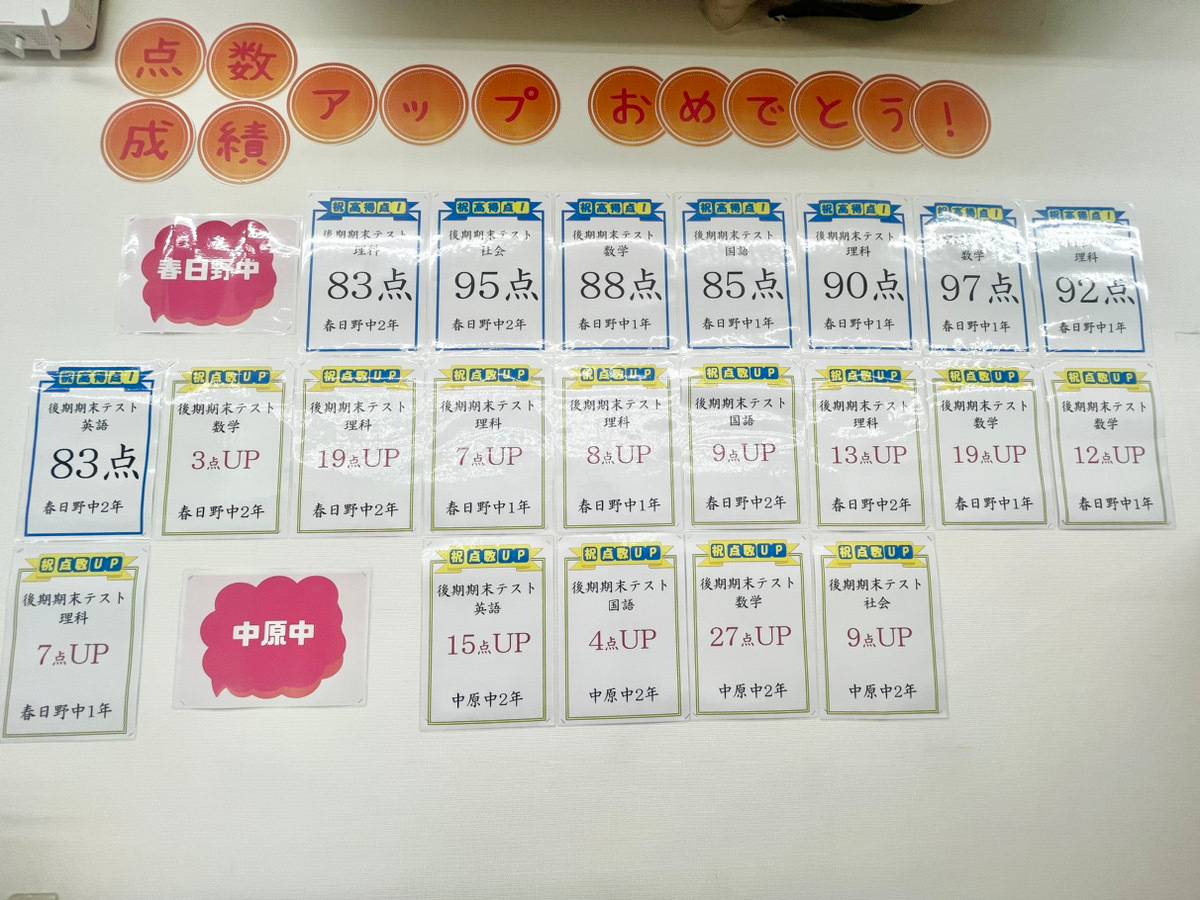 成績UPは教室の目立つところに掲示しています。